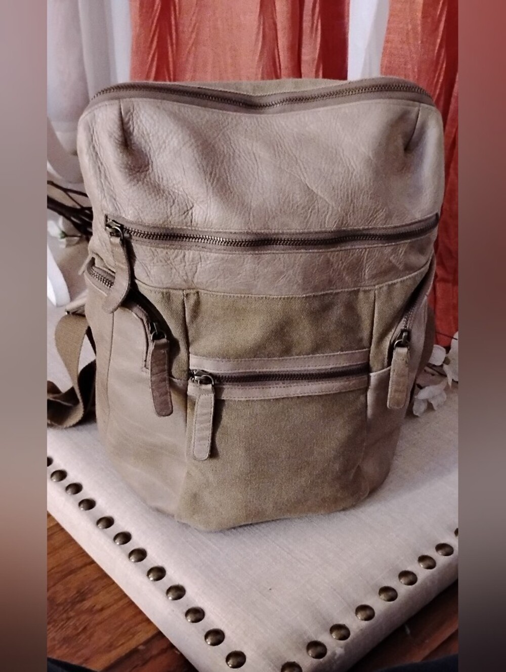 Mio Milano multi-zipper convertible backpack. Leather and Canvas.